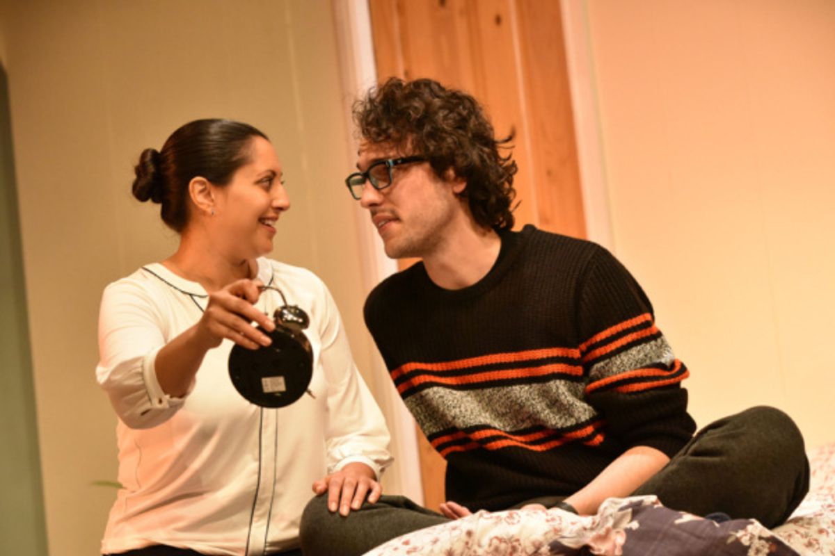 Serin Ibrahim as Cath and David Hubball as Phil in HERE by Michael Frayn, playing at Greenwich Theatre until 13 October 2018 at 