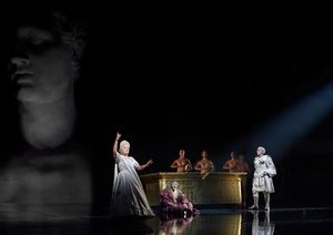 Karita Mattila as Plotina, Thomas Hampson as Hadrian (sitting), and Roger Honeywell a Photo
