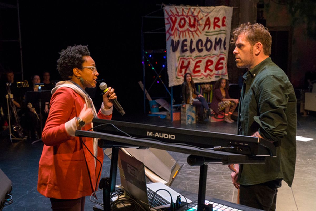 From Left:  Ayanna Woods & Ted Hearne, Conductior in PLACE
Created by Ted Hearne, Patricia McGregor, and Saul Williams; Music by Ted Hearne; Libretto by Saul Williams 
and Ted Hearne; Directed by Patricia Gregor
Dress rehearsal photographed: Thursday, Oct at 