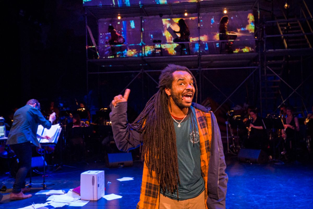 From Left: Ted Hearne, Conductior & Isaiah Robinson in PLACE
Created by Ted Hearne, Patricia McGregor, and Saul Williams; Music by Ted Hearne; Libretto by Saul Williams 
and Ted Hearne; Directed by Patricia Gregor
Dress rehearsal photographed: Thursday, O at 