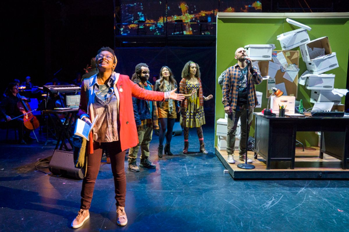 From Left: Ayanna Woods and Steven Bradshaw (at mic) in PLACE
Created by Ted Hearne, Patricia McGregor, and Saul Williams; Music by Ted Hearne; Libretto by Saul Williams 
and Ted Hearne; Directed by Patricia Gregor
Dress rehearsal photographed: Thursday,  at 