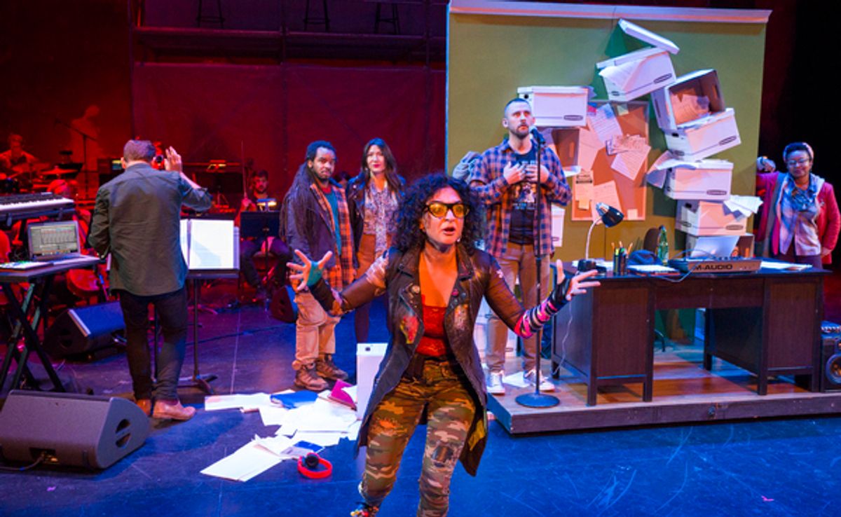 Photo:  Sol Ruiz (Center) in PLACE
Created by Ted Hearne, Patricia McGregor, and Saul Williams; Music by Ted Hearne; Libretto by Saul Williams 
and Ted Hearne; Directed by Patricia Gregor
Dress rehearsal photographed: Thursday, October 11, 2018; 2:30 PM a at 