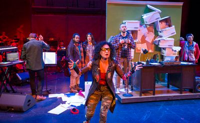 Photo:  Sol Ruiz (Center) in PLACE
Created by Ted Hearne, Patricia McGregor, and Saul Photo