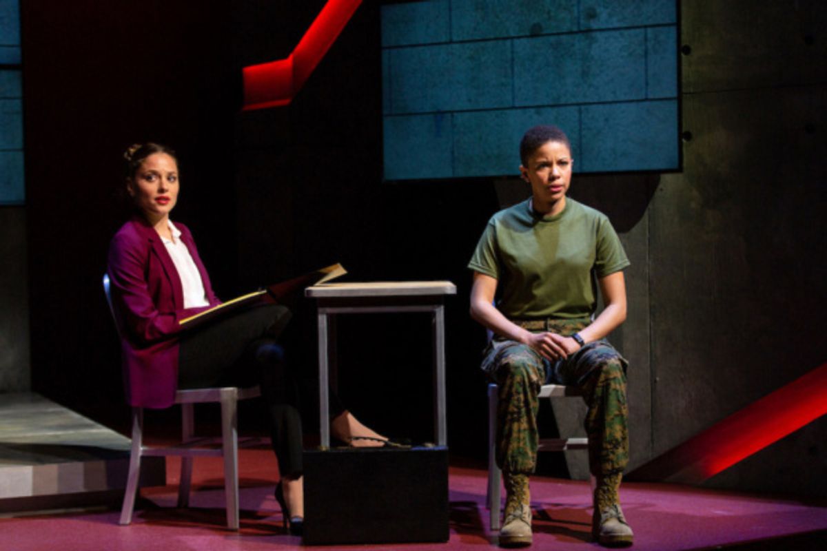 (L to R) Margarita Levieva and Flor De Liz Perez in Walter Anderson's world premiere courtroom drama, The Trial of Donna Caine, at George Street Playhouse, October 16 - November 11. Photo by T. Charle at 