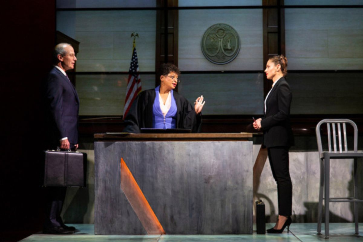 (L to R) John Bolger, Melissa Maxwell, and Margarita Levieva in Walter Anderson's world premiere courtroom drama, The Trial of Donna Caine, at George Street Playhouse, October 16 - November 11. Photo  at 