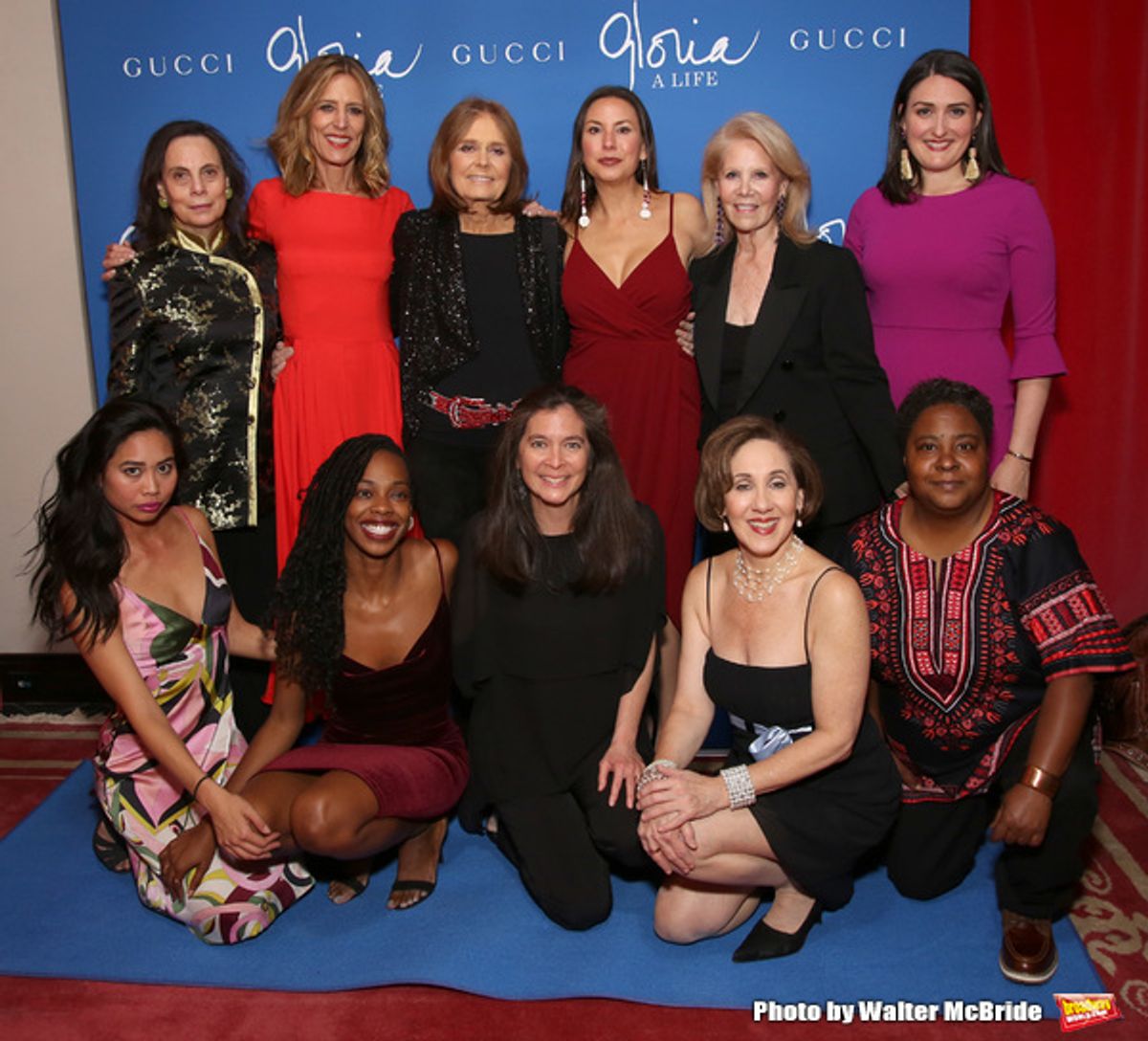 First row: Francesca Fernandez McKenzie, Fedna Jacquet, Diane Paulus, Joanna Glushak, Patrena Murray Second row: Emily Mann, Christine Lahti, Gloria Steinem, DeLanna Studi, Daryl Roth and Liz Wisan at 