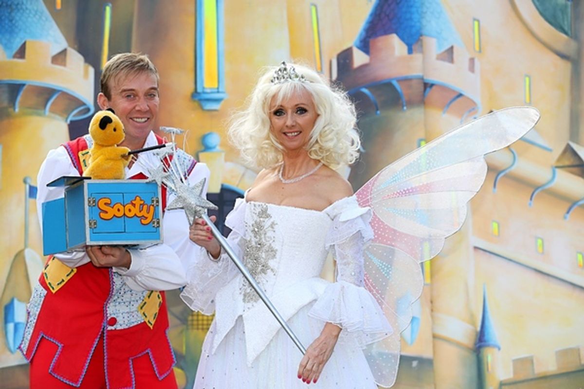 Debbie McGee as the Lovely Fairy Crystal with Sooty and Richard Cadell as Muddles the jester at 