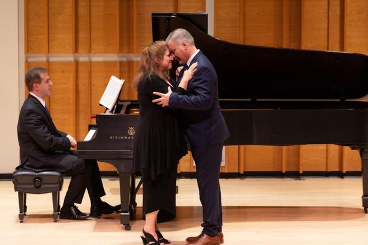 PREformances founder and host Soprano Allison Charney, Baritone Gustavo Ahualli and Preformances collaborative pianist Craig Ketter performing the Nedda/Silvio love duet from Leoncavallo's PAGLIACCI at 
