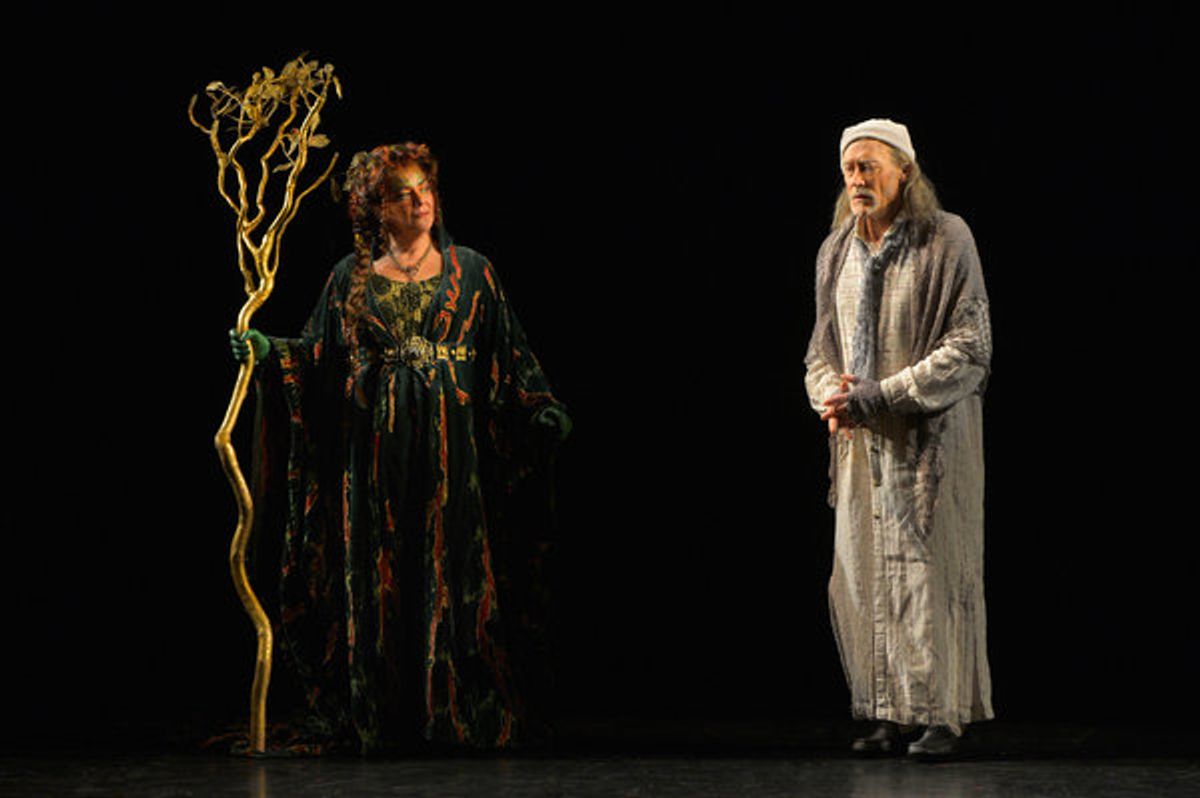 Catherine Castellanos as the Ghost of Christmas Present and James Carpenter as Ebenezer Scrooge at 