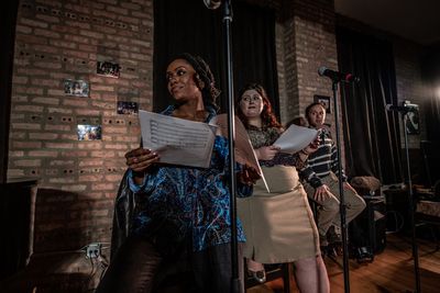 Darilyn Burtley as â€œTryshia," Liz Bollar as â€œVickiâ€ and Ryan Armstr Photo