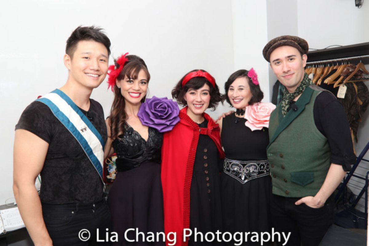 Backstage: Daniel Johnson (Rapunzel's Prince), Kimbirdlee Fadner (Florinda), Alex Chester Little Red Riding Hood), Rebecca Lee Lerman (Lucinda) and Kennedy Kanagawa (Jack) at 