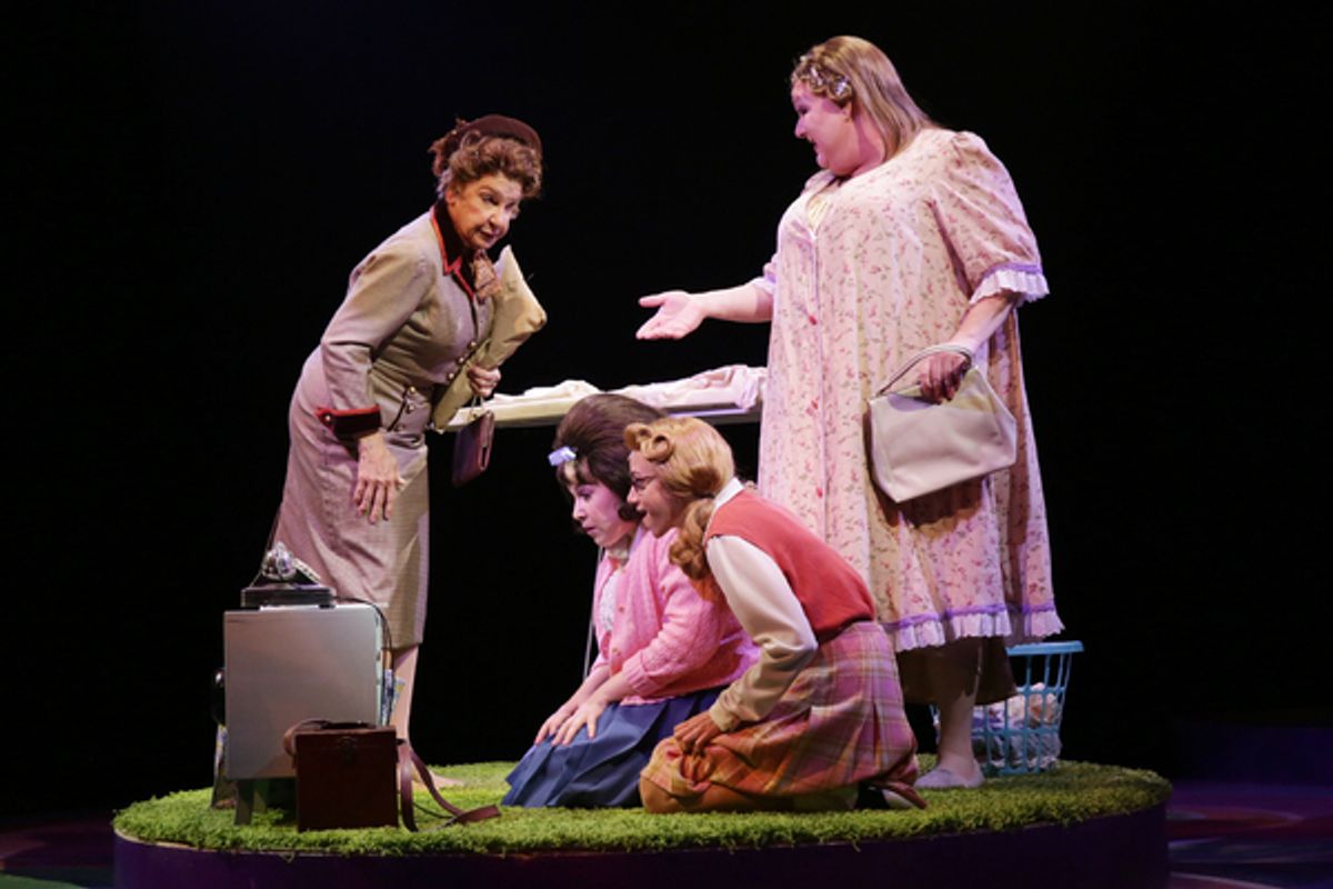 Cheryl McMahon (Prudy Pingleton) and Blake Hammond (Edna Turnblad) with Brooke Shapiro (Tracy Turnblad) and Christina Emily Jackson (Penny Pingleton) in HAIRSPRAY at 