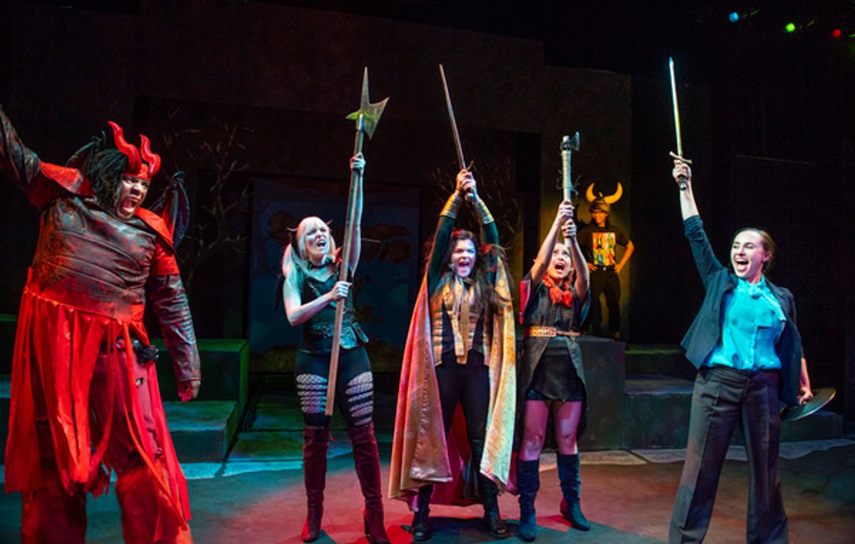 Orcus (Thomas Times), Lilith (Amara Snow-Miller), Tilly (Fatima Mejia), Kalliope (Jaime Melendez) and Agnes (Gwyneth Forrester) get ready to battle monsters as the Narrator (Seton Chang- rear) at 