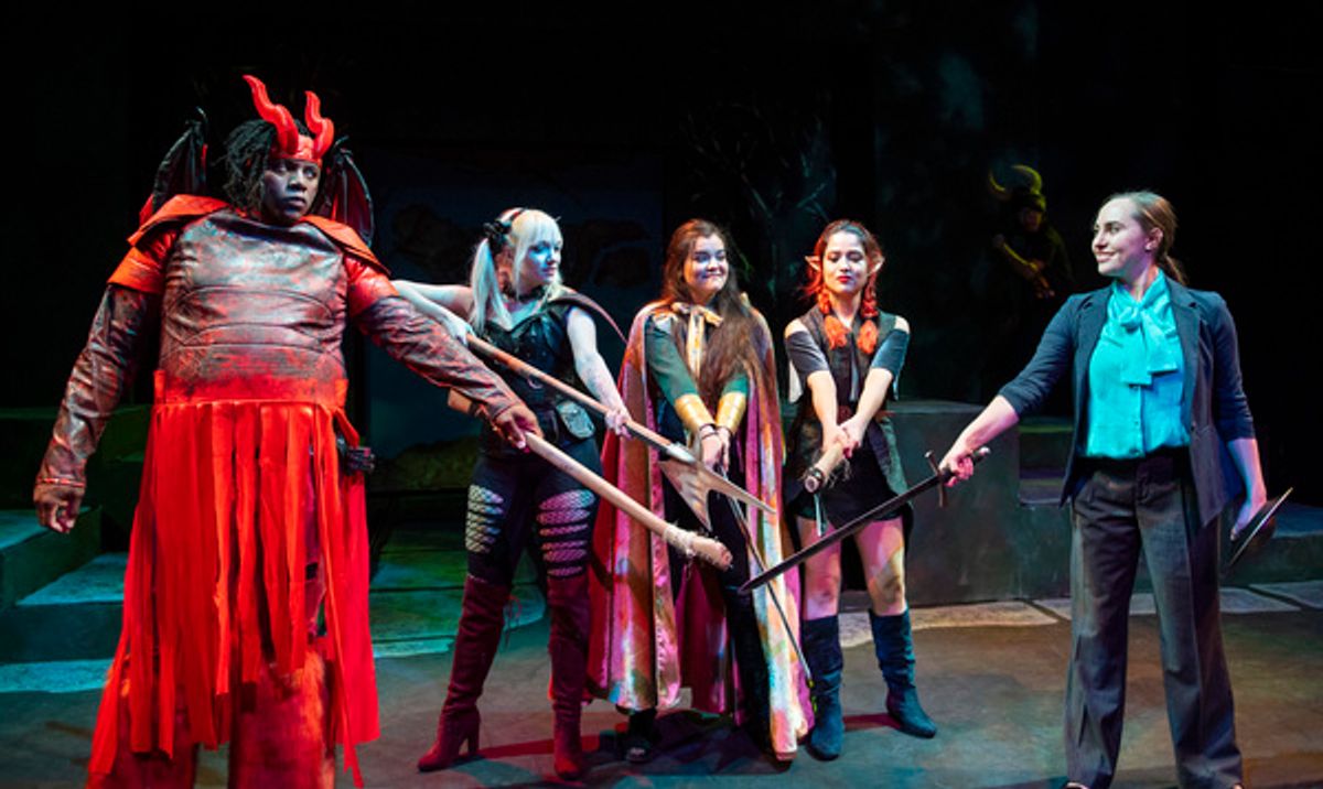 Orcus (Thomas Times), Lilith (Amara Snow-Miller), Tilly (Fatima Mejia), Kalliope (Jaime Melendez) and Agnes (Gwyneth Forrester) get ready to battle monsters as the Narrator (Seton Chang- rear) at 