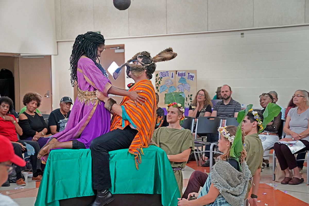 Kimberly Monks as Titania, Jake Millgard as Bottom with the company of Globe for All tour of Shakespeareâ€™s A Midsummer Nightâ€™s Dream at 