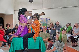 Kimberly Monks as Titania, Jake Millgard as Bottom with the company of Globe for All tour of Shakespeare’s A Midsummer Night’s Dream @ BroadwayWorld Kimberly Monks as Titania, Jake Millgard as Bottom with the company of Globe for All Photo