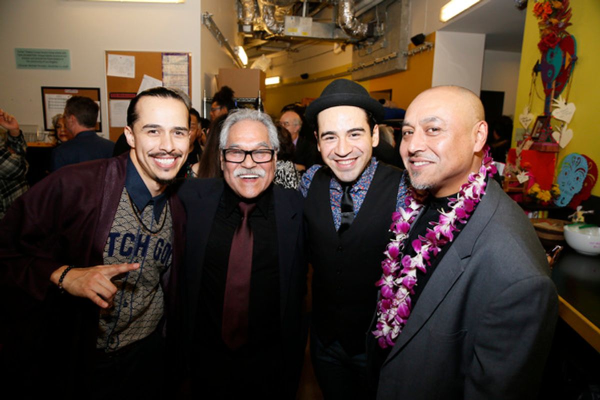 From left, cast member Michael Naydoe Pinedo, writer/director Luis Valdez, cast member Moises Castro and associate director Kinan Valdez  at 