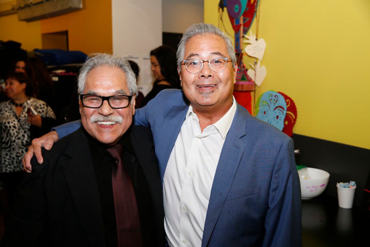 From left, writer/director Luis Valdez and cast member Randall Nakano at 