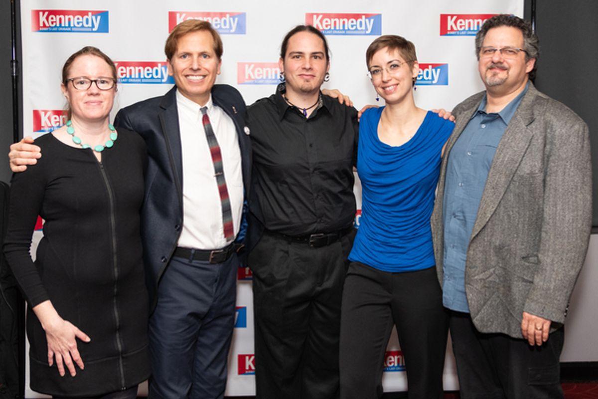 Miriam Nilofa Crowe (Lighting Design), David Arrow, Ben Scheff (Sound Design), Katherine R. Mitchell (Projection Designer) and director Eric Nightengale at 