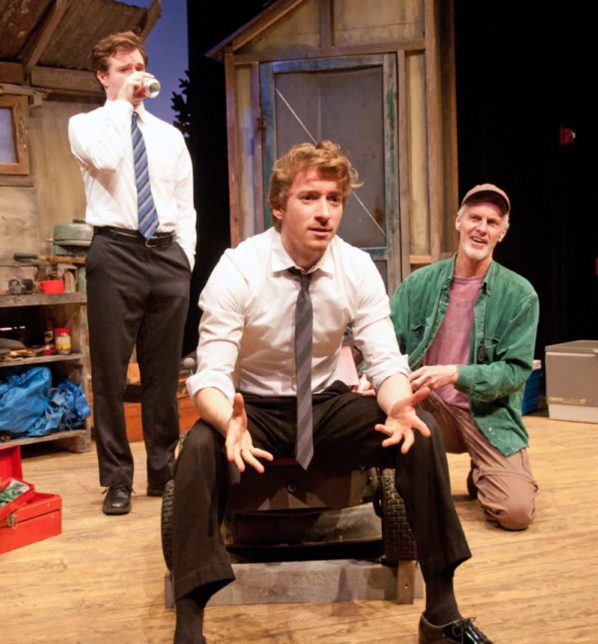 Thomas Ian Campbell (sitting) as Charlie, Jared Mongeau (drinking) as Ronnie and Steve Underwood as Homer
 at 
