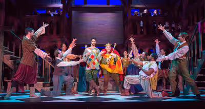 Rodd Farhadi as Clopin Trouillefou, Colin Anderson as Quasimodo, and cast Photo