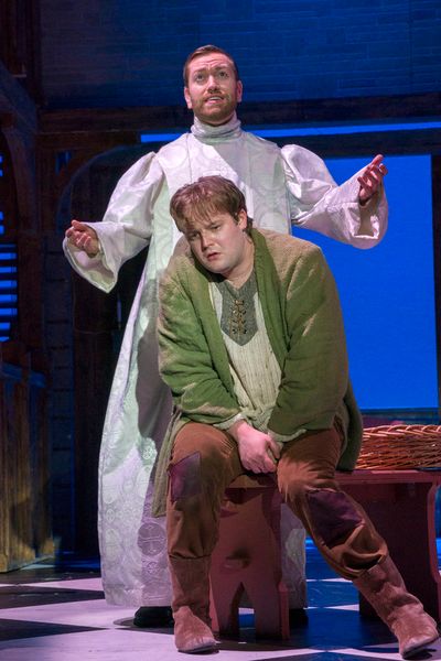 Ryan Speakman (standing) as Claude Dom Frollo, Colin Anderson as Quasimodo Photo