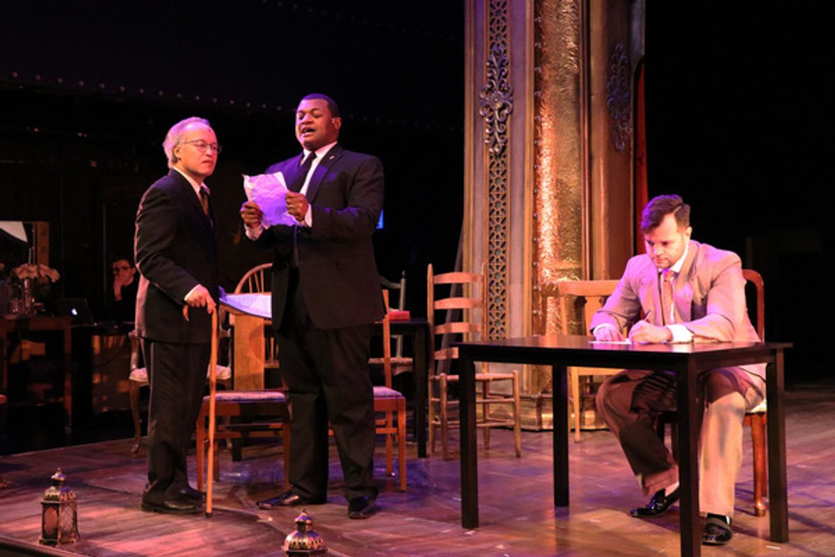 Joseph Anthony Foronda as Benjamin Franklin, Kelvin Roston Jr. as John Adams and Robert Quintanilla as Thomas Jefferson in Porchlight Revisits 1776 at 