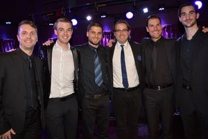 Clint Edwards (Music Director and Arranger), Mark William and the band-Andrew Wagner (Trumpet), Jernej Bervar (Guitar), Sam Zerna (Bass) and Jonathan Ward (Drums) @ BroadwayWorld Clint Edwards (Music Director and Arranger), Mark William and the band-Andrew Wagner Photo