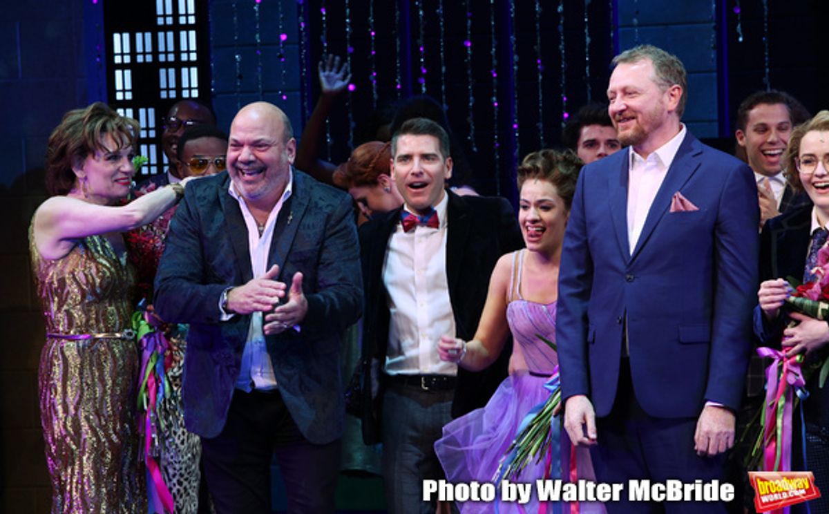 Casey Nicholaw, Chad Beguelin and Bob Martin with the cast  at 