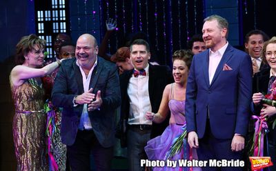 Casey Nicholaw, Chad Beguelin and Bob Martin with the cast  Photo