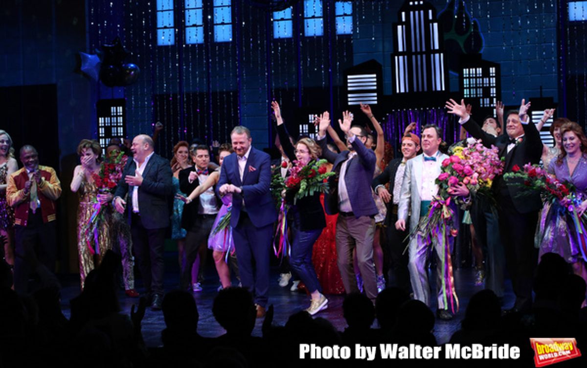 Casey Nicholaw, Bob Martin and cast at 