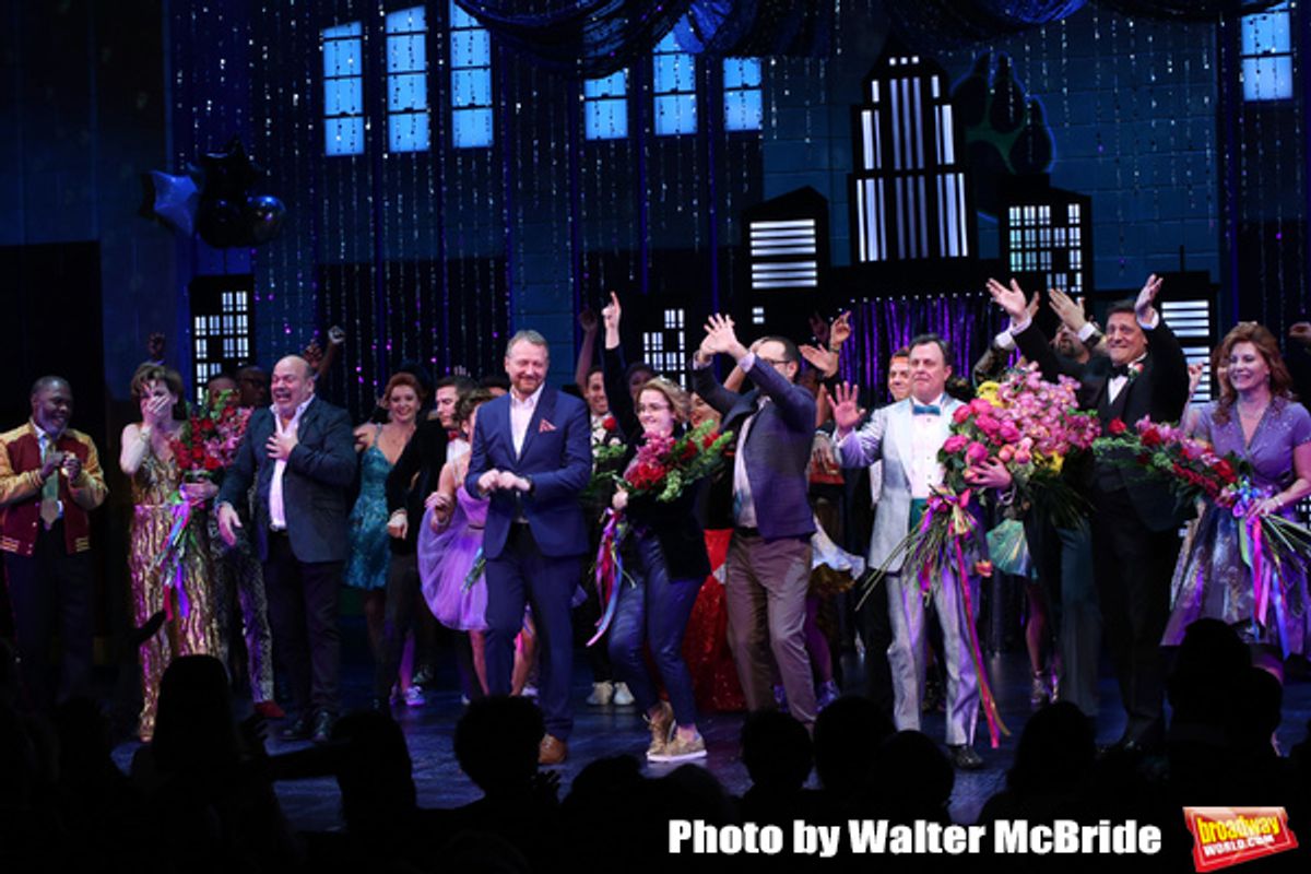 Casey Nicholaw, Bob Martin and cast at 