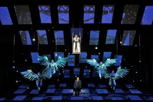 Golda Schultz as Clara and William Burden as George Bailey (center) and Sarah Cambidge, Amitai Pati, Ashley Dixon and Christian Pursell as Angels First Class. @ BroadwayWorld Golda Schultz as Clara and William Burden as George Bailey (center) and Sarah Cambidg Photo