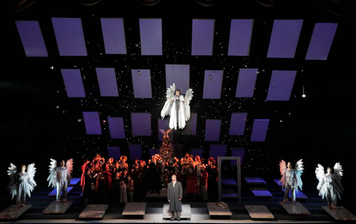 Golda Schultz as Clara and William Burden as George Bailey (center) and Sarah Cambidge, Amitai Pati, Christian Pursell and Ashley Dixon as Angels First Class at 