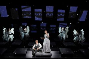 William Burden as George Bailey and Golda Schultz as Clara (center) with Amitai Pati, Ashley Dixon, Christian Pursell and Sarah Cambidge as Angels First Class @ BroadwayWorld William Burden as George Bailey and Golda Schultz as Clara (center) with Amitai Pati, Photo