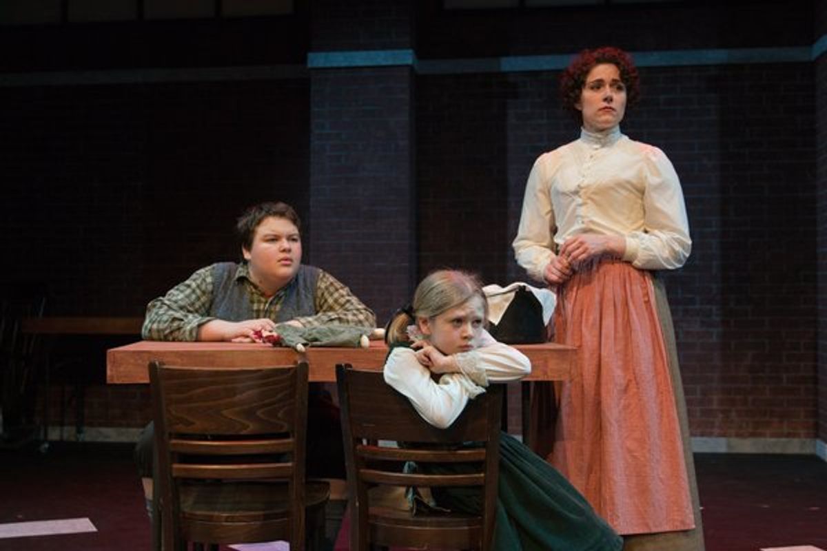 (L to R) BARRET STOWE (Sean O'Hanlon) NORAH GAWRYCZIK (Virginia O'Hanlon) and KAYLA CRAWFORD (Evie O'Hanlon)  from the Lakewood Playhouse Production of 'YES, VIRGINIA, THERE IS A SANTA CLAUS.' at 