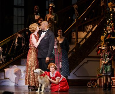 Jessica Skerritt as Grace, Timothy McCuen Piggee as Oliver Warbucks, and Faith Young  Photo