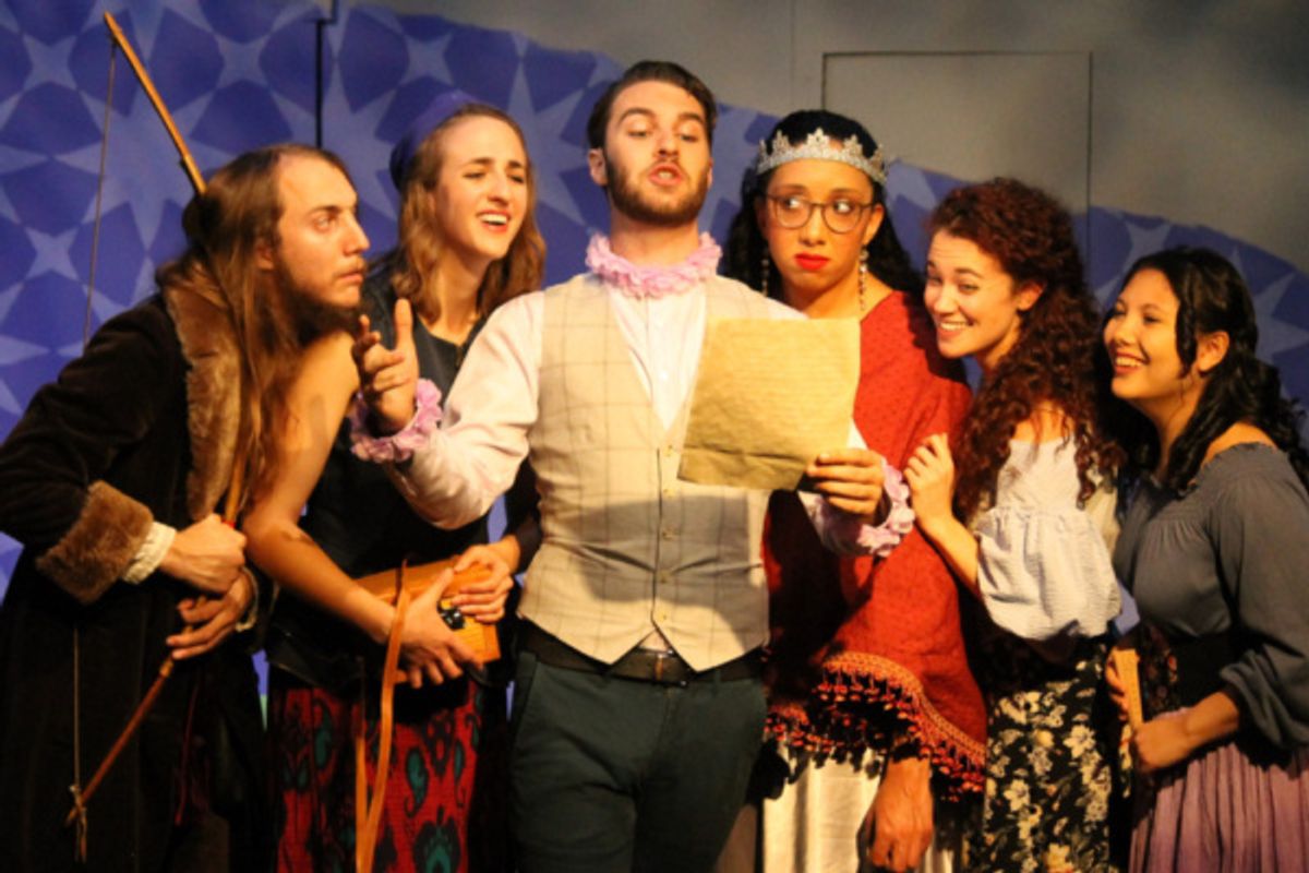 Dull (Alex Sheldon), Rosaline (Julie Lanctot), Boyet (William Gray Schierholt), the Princess (Tiana Randall-Quant), Katharine (Megan Ruble), and Maria (Maia Luer) at 