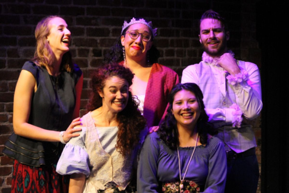 Rosaline (Julie Lanctot), Katharine (Megan Ruble), the Princess (Tiana Randall-Quant), Maria (Maia Luer), and Boyet (William Gray Schierholt) at 