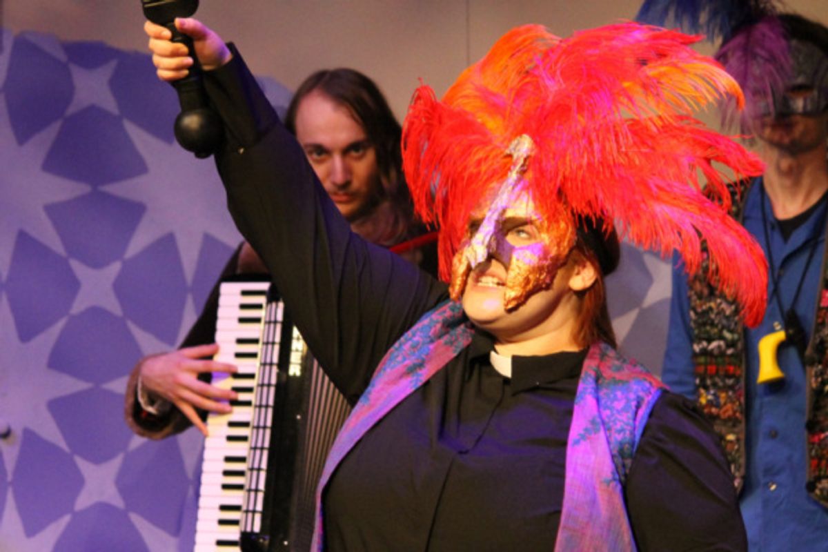 Dull (Alex Sheldon), Sir Nathaniel (Kaite Brandt) and Costard (Cameron Rose) at 