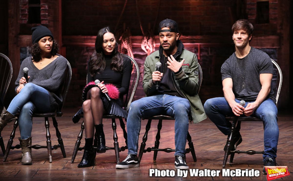 Sabrina Imamura, Terrance Spencer and Thayne Jasperson during The Rockefeller Foundation and The Gilder Lehrman Institute of American History sponsored High School student #eduHam matinee performance of 'Hamilton' Q & A at the Richard Rodgers Theatre on D at 
