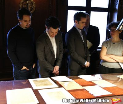 Lin-Manuel Miranda, Thomas Kail and Andy Blankenbuehler with researcher Julie Miller Photo