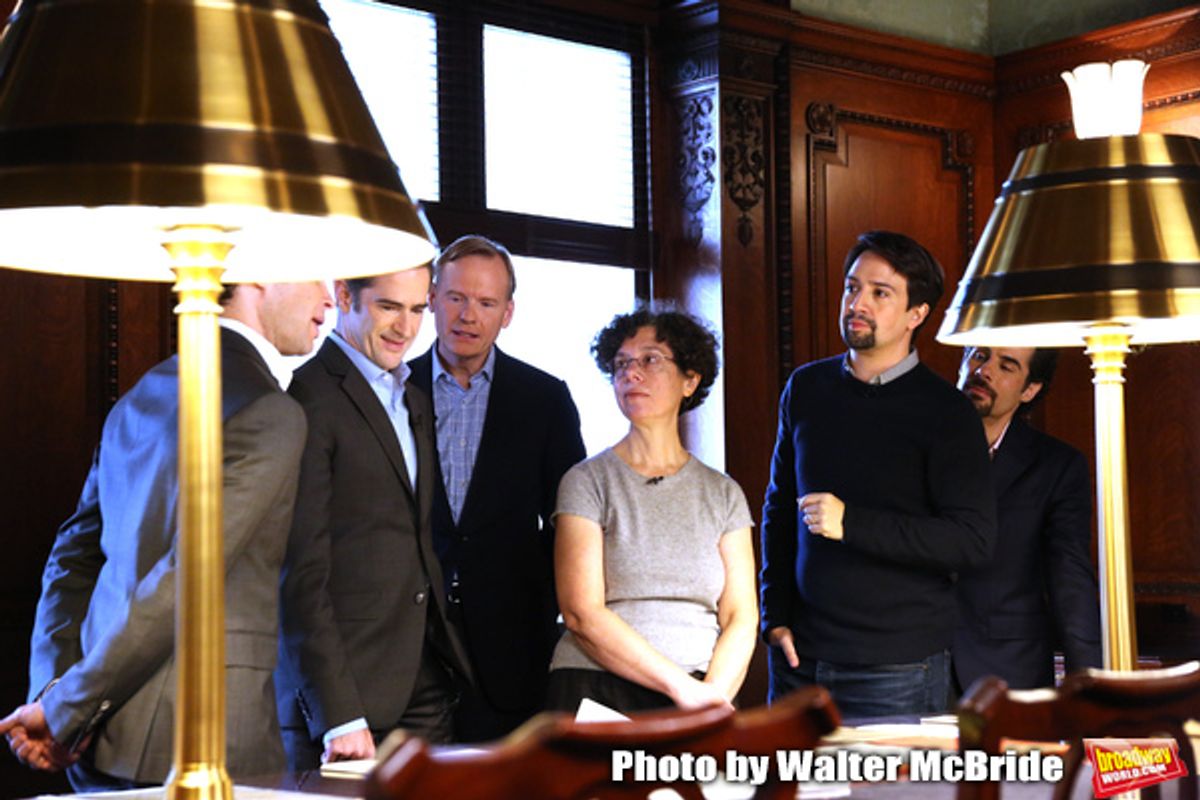 Thomas Kail, Andy Blankenbuehler, John Dickerson, researcher Julie Miller, Lin-Manuel Miranda and Alex Lacamoire at 