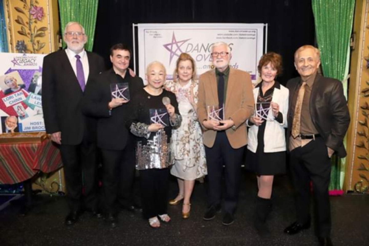 Host Jim Brochu with DO40 Legacy Award Honorees Lawrence Leritz, Lori Tan Chinn, Virginia Seidel, Larry Ross, Sharon Wendrow, DO40 president John Sefakis  at 