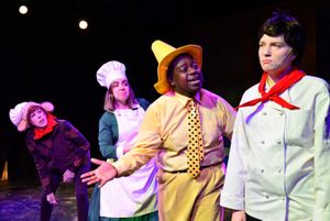 Hannah Fogler as Curious George, Karen Shantz as Netti, Deion Dawodu as Man in the Yellow Hat, and Molly Mayne as Chef Pisghetti @ BroadwayWorld Hannah Fogler as Curious George, Karen Shantz as Netti, Deion Dawodu as Man in the Ye Photo
