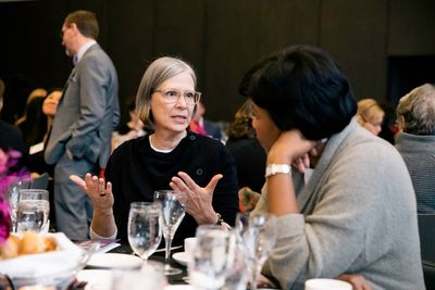 Steppenwolf ensemble member Amy Morton talks with Gwendolyn Perry Davis 
 Photo
