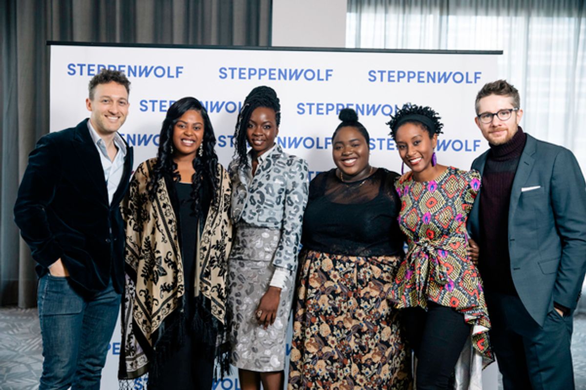 10th Anniversary Honoree Danai Gurira poses with 
members of the cast and crew from the Steppenwolf production of her play Familiar; Luigi Sottile, Regina Victor, Nakia Avila, Steppenwolf ensemble member Celeste M. Cooper, Erik Hellman 
 at 