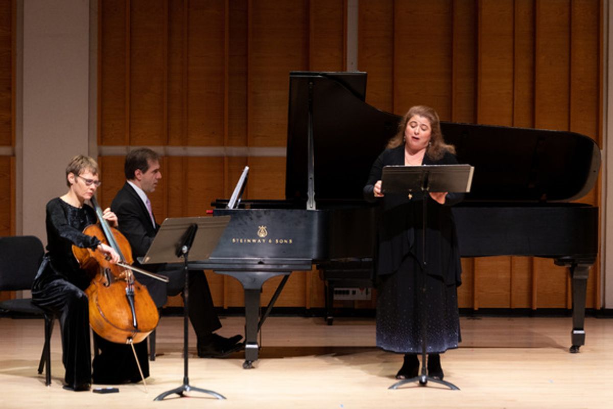 PREformances founder and host Soprano Allison Charney, Royal Stockholm Philharmonic cellist Kajsa William-Olsson and PREformances collaborative pianist Craig Ketter performing a new work by composer Victoria Malawey at 