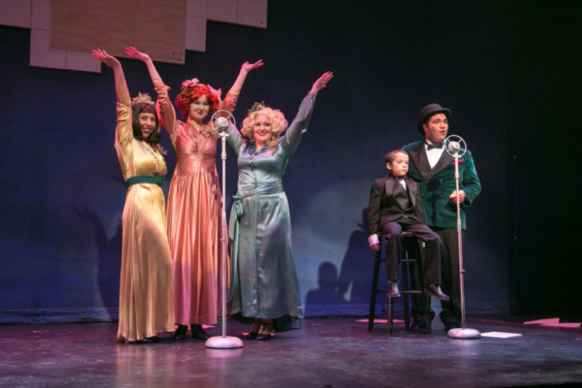 Fior Rodriguez, Katie Brunetto, and Fiona Honohan as the Boylan Sisters opposite Zach Fontanez as Bert Healy and Carlo Desy as Wacky in ANNIE at the Downtown Cabaret Theatre in Bridgeport, CT, running at 