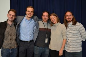 (L to R)Christopher Geary(Vladimir Putin),John Austin(Valentin/Master of the Universe/Armed Soldier/Guard), Max Woertendyke(Mikhail Khodorkovsky), Brontë England-Nelson (Inna Khodorkovsky), andJoseph Carlson (Leonid Nevzlin/Master of the Universe/Armed S @ BroadwayWorld (L to R)Christopher Geary(Vladimir Putin),John Austin(Valentin/Master of the Universe Photo